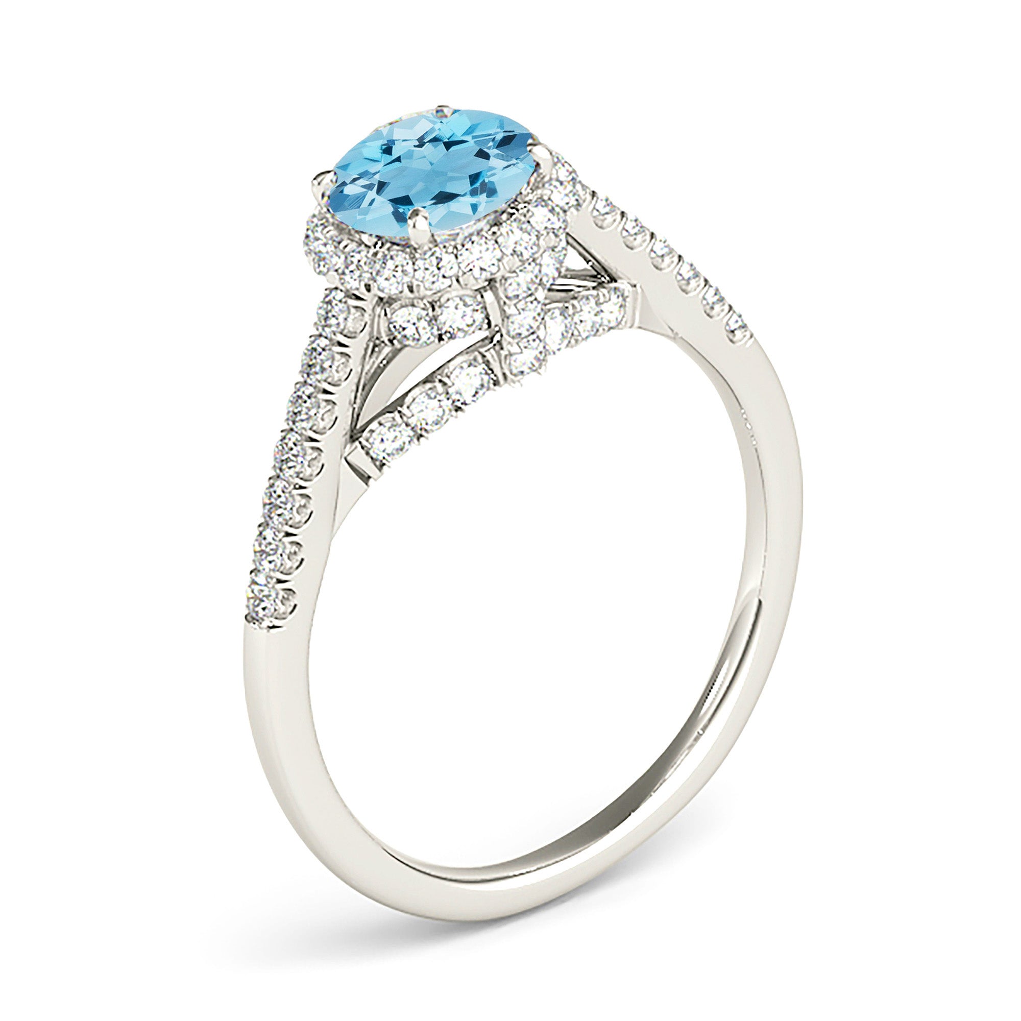 1.10 ct. Genuine Aquamarine Ring With 0.40 ctw. Diamond Halo and Band, Fancy Diamond Bridge Underneath | Round Blue Aquamarine Halo Ring-VIRABYANI
